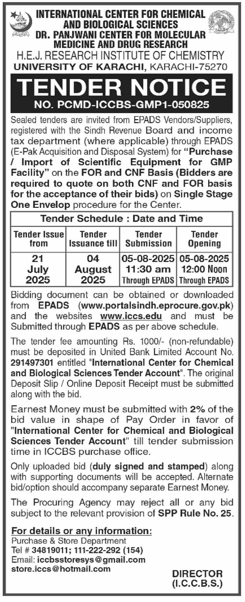 International Center for Chemical & Biological Sciences Karachi Tender Notice